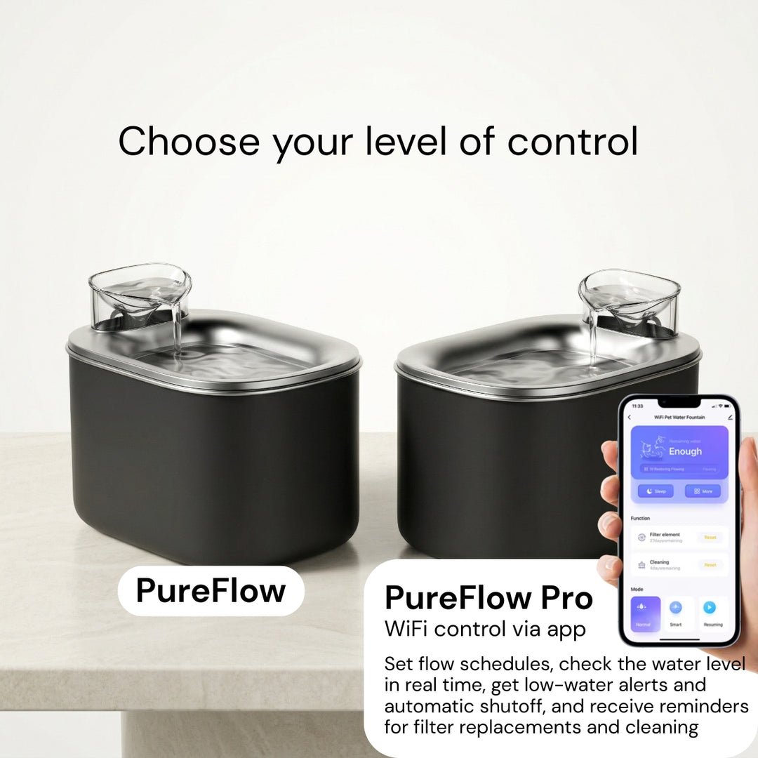 PureFlow Pro | Everything in the PureFlow, plus remote control: scheduling, water level alerts, cleaning reminders.